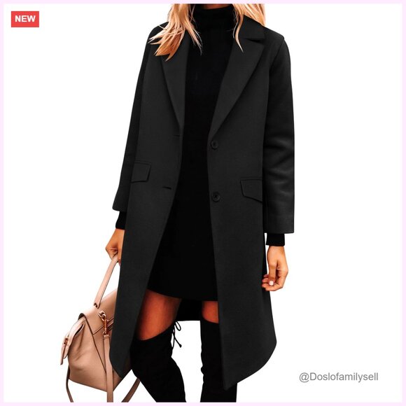 Classic Pea Coat Notched Lapel Loose Fit Long Trench Jacket Fall Winter